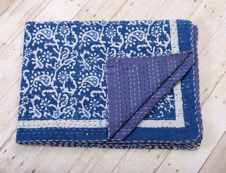 thumbnail image 2 of Handmade Indigo Blue Patchwork Kantha Quilt - Twin Size, 100% Cotton 2 of 5